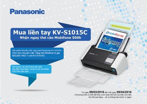 Mua máy Scan Panasonic KV-S1015C, sẽ nhận ngay thẻ cào Mobifone trị giá 500.000 VND.